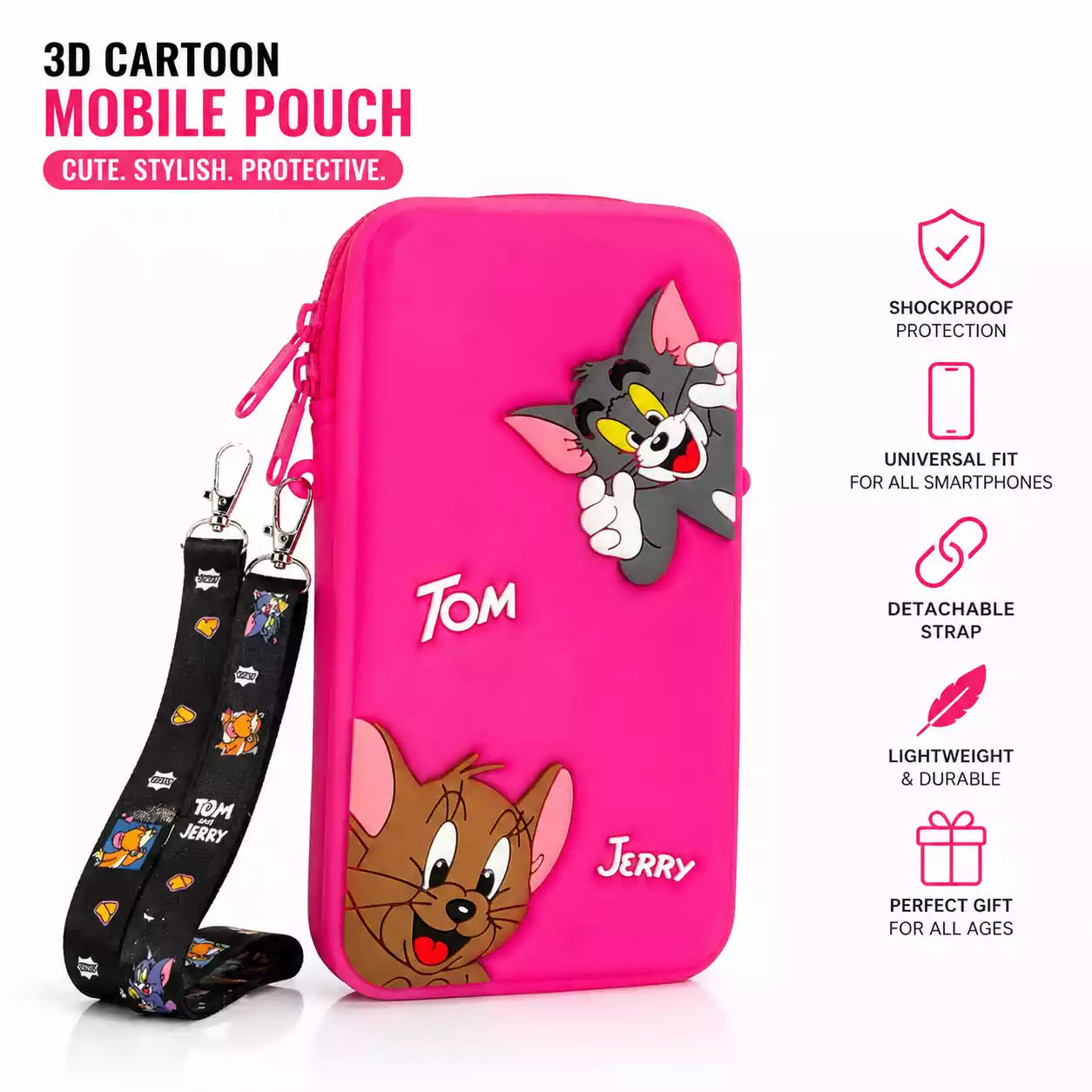 Tom and Jerry 3D Cartoon Silicone Universal Mobile Pouch upto 6.7 inch with Lanyard