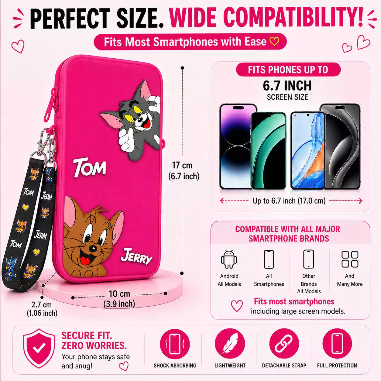 Tom and Jerry 3D Cartoon Silicone Universal Mobile Pouch upto 6.7 inch with Lanyard