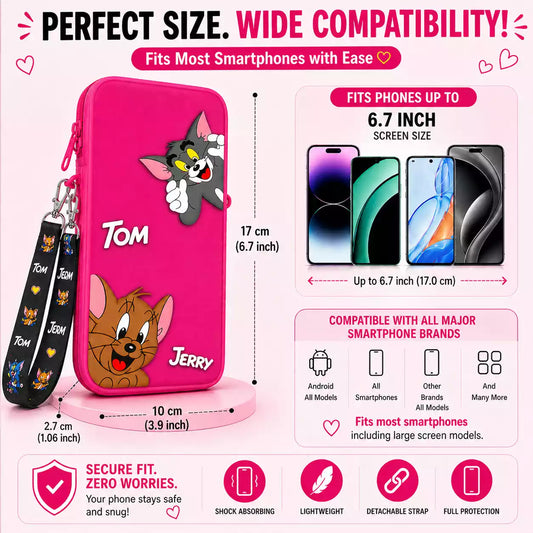 Tom and Jerry 3D Cartoon Silicone Universal Mobile Pouch upto 6.7 inch with Lanyard